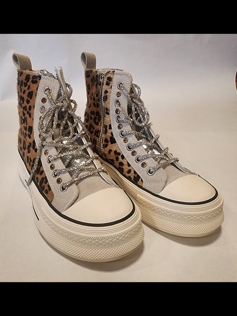 Leopard-Print High Top Platform Sneakers with Metallic Laces - Beige/Cream